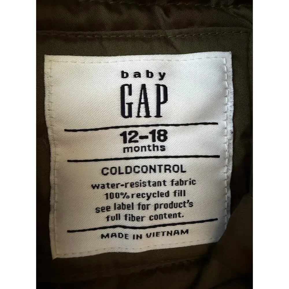 Baby Gap ColdControl Hooded Puffer Jacket Olive Unisex 12-18M
